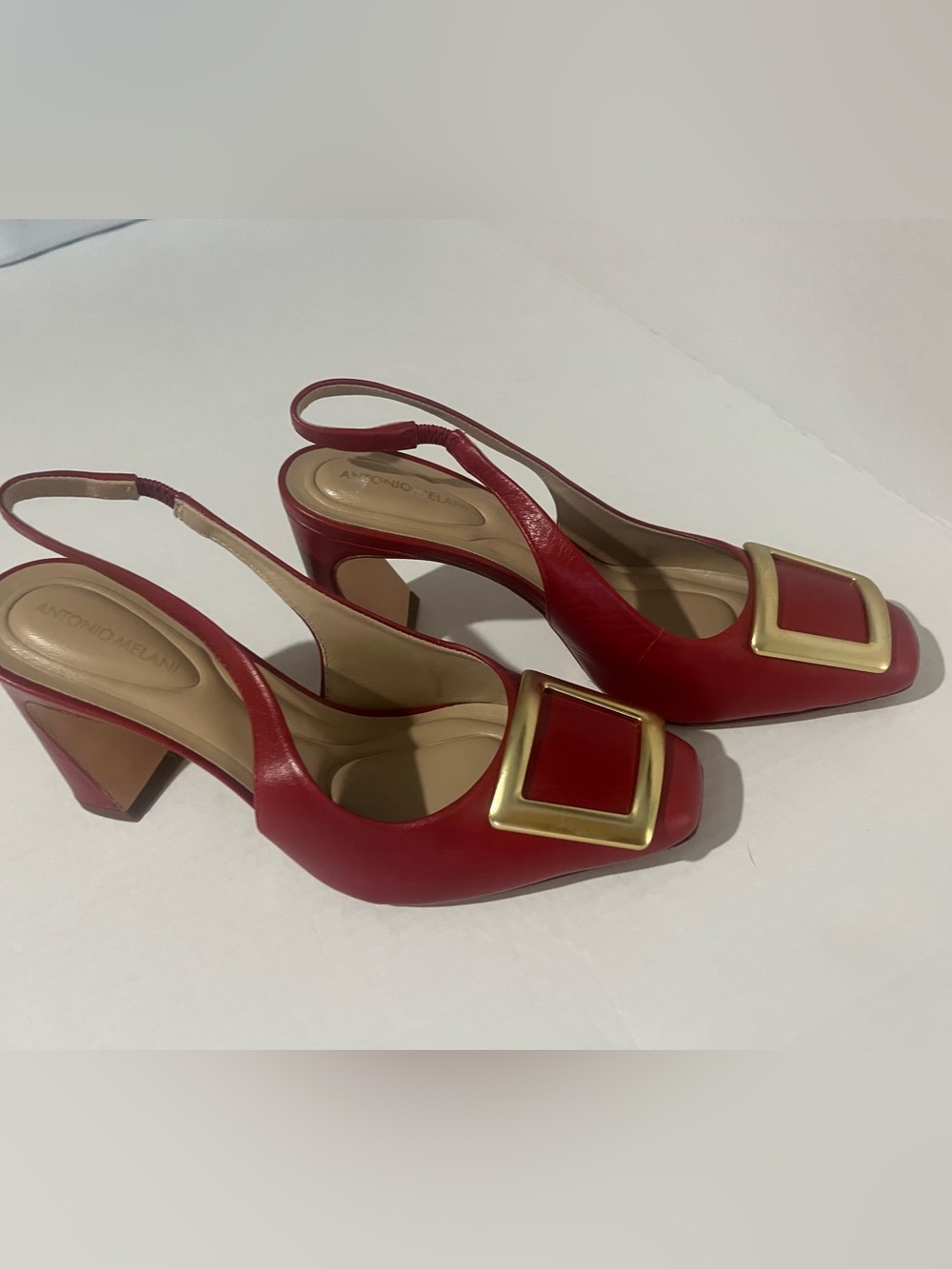 Vintage ANTONIO MELANI Red Slingback Pumps with Gold Accent Buckle